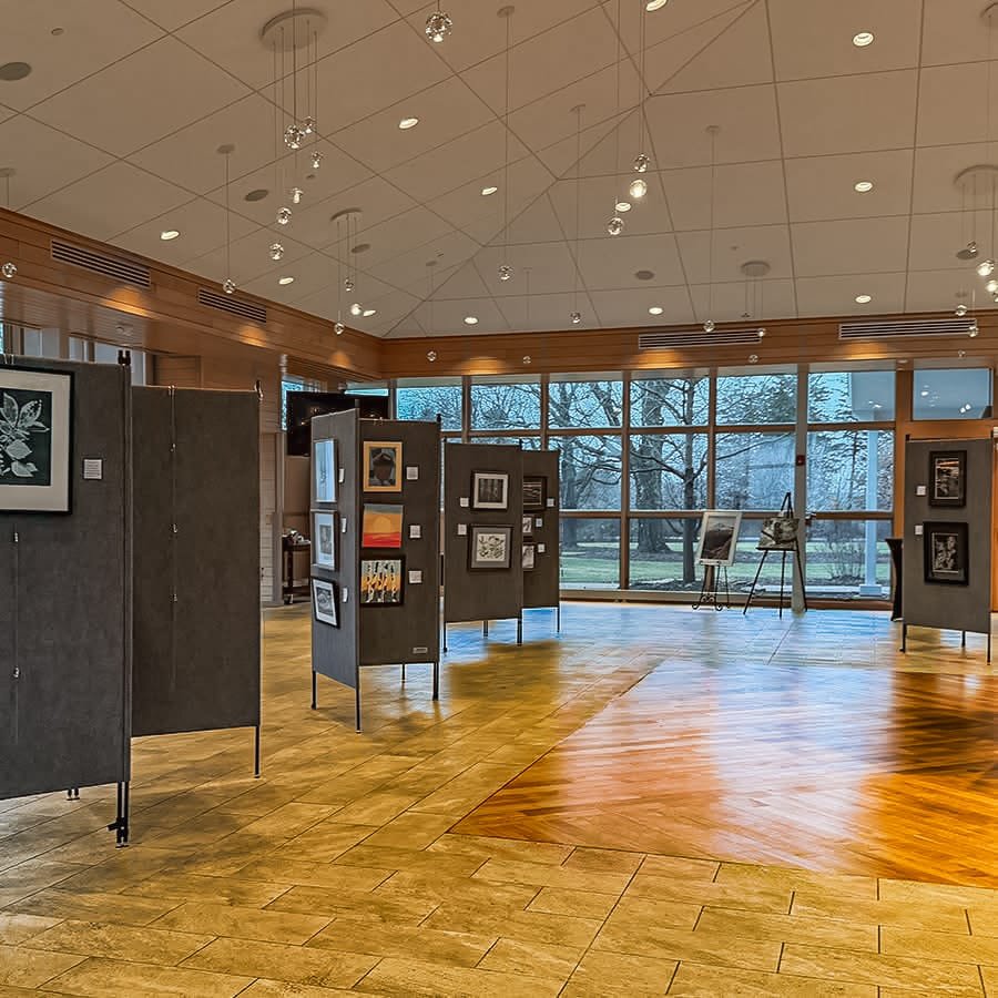 Danada house ballroom gallery setup with artwork panels