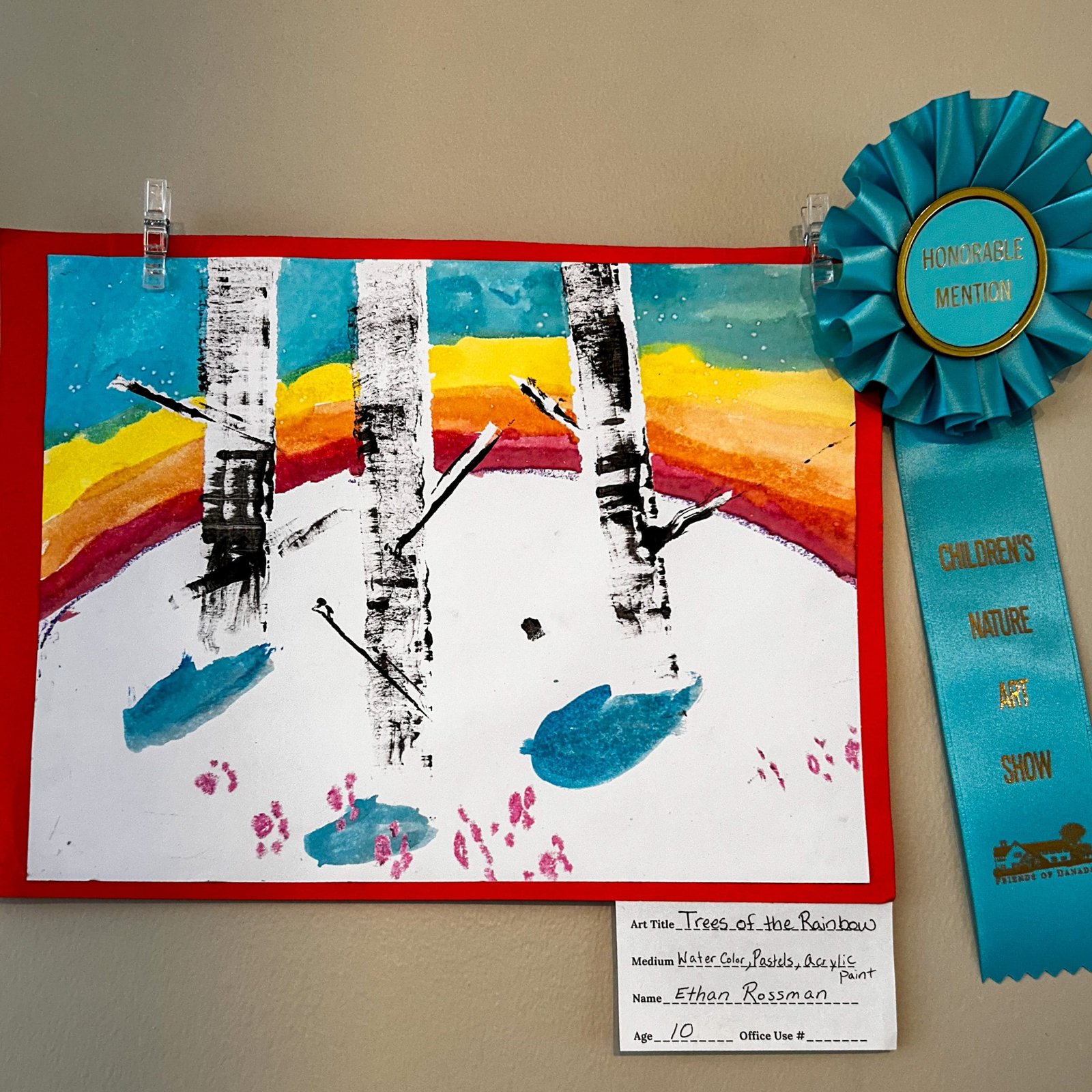 Trees of the rainbow watercolor painting by ethan rossman age 10 with honorable mention ribbon