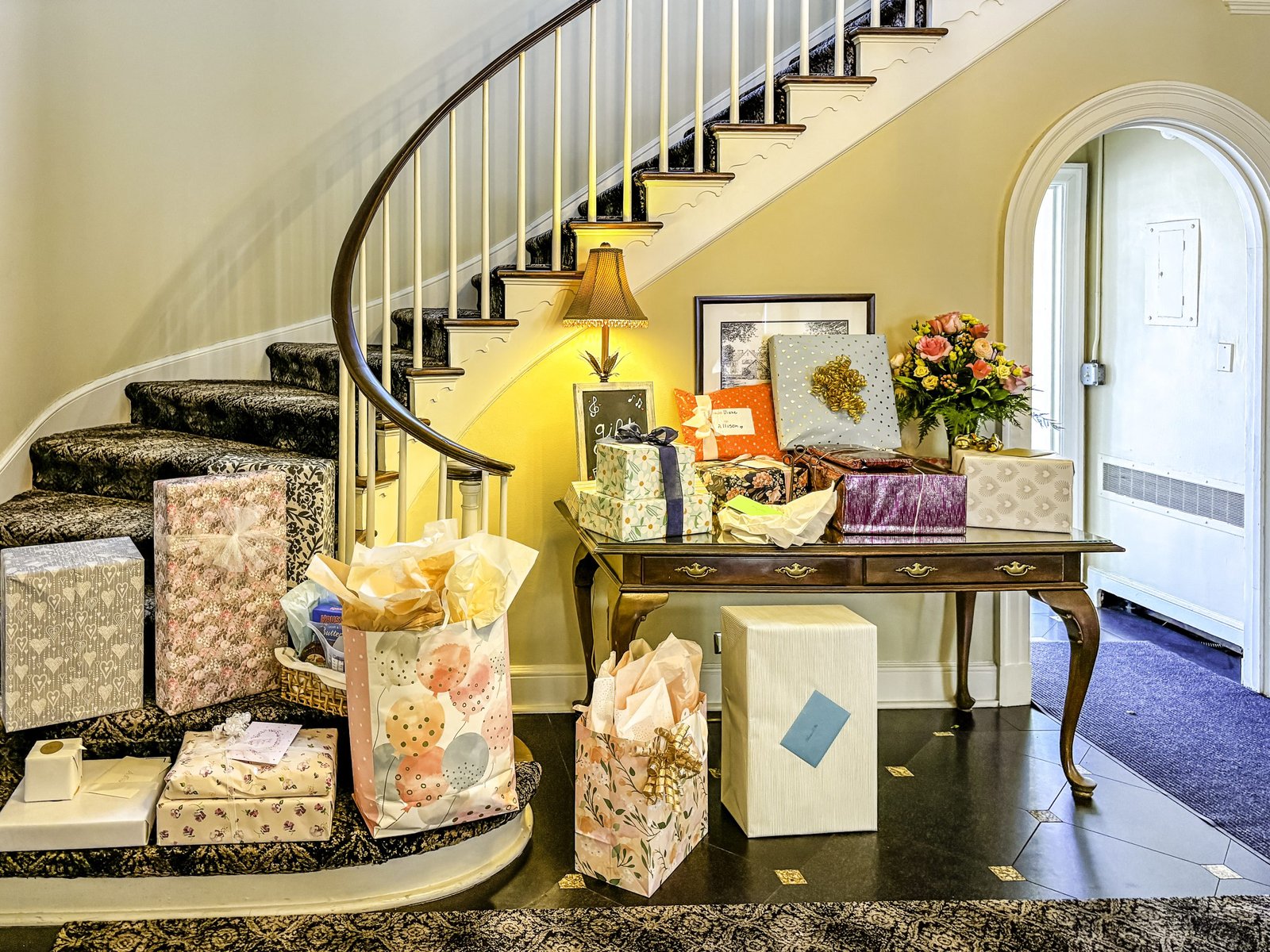 Fireplace mantle with couple photo collages